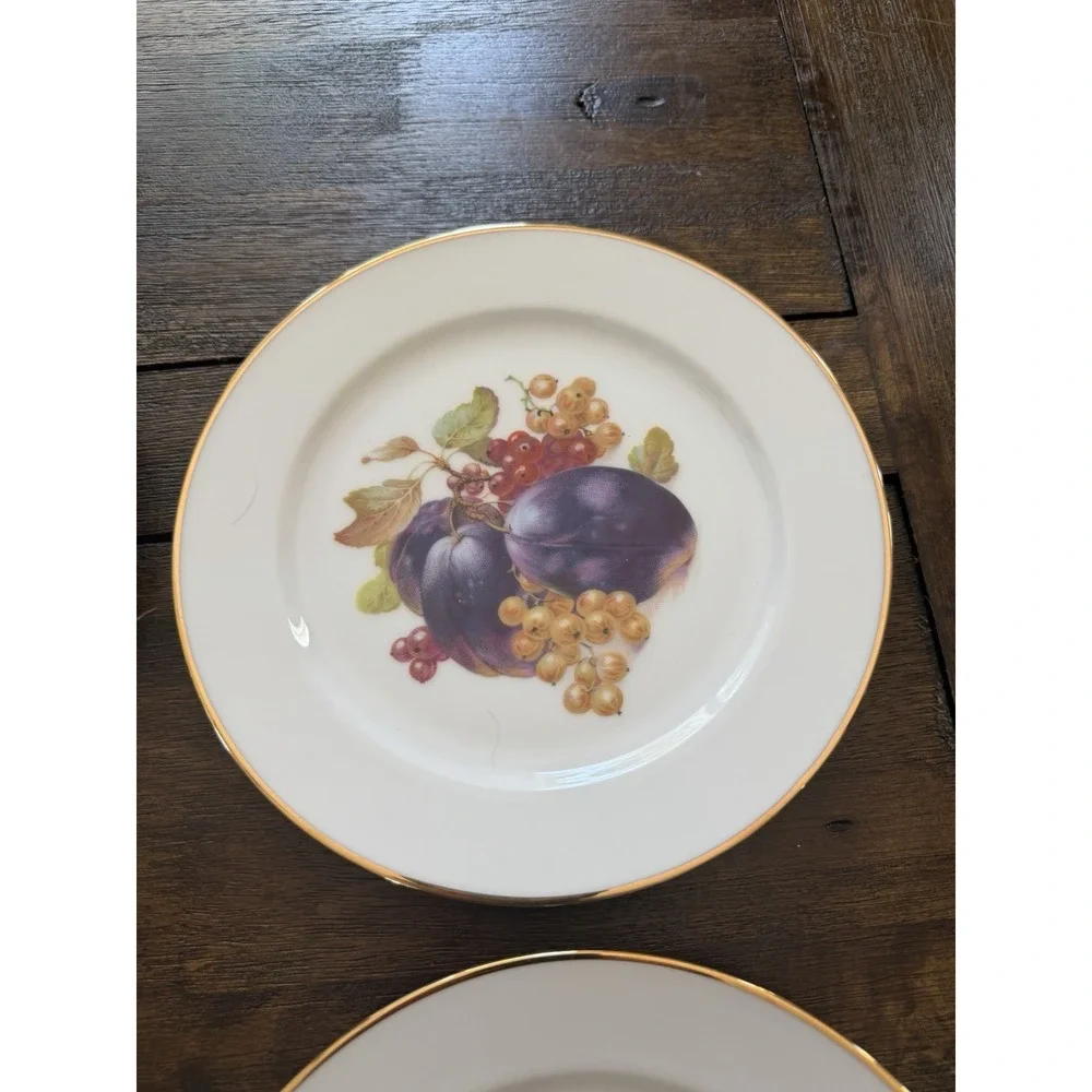 Josef Kuba Vintage Western Germany Fruit Plates Set of 6 Gold Trim Porcelain 8